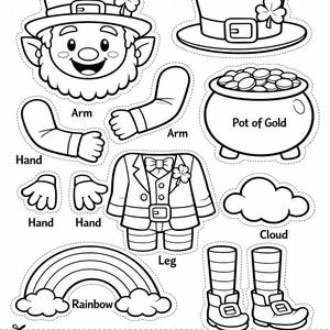 May include: Black and white Leprechaun Cut & Assemble Craft. Includes a leprechaun face, arms, hands, a pot of gold, a cloud, a rainbow, legs, and a hat. Instructions: Color, cut, and assemble with glue or brads.