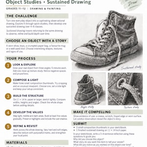 Peut inclure: Une fiche pédagogique intitulée Ordinary Object. Extraordinary Detail. présentant un dessin au graphite d'une basket montante usée. Le document décrit un projet de dessin pour les niveaux 11-12, incluant des étapes d'observation, de composition et d'ombrage.