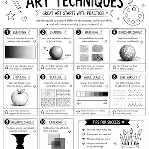 10 Essential Art Techniques Handout & Student Practice Worksheet | Elements of Drawing | Art Classroom Printable | Visual Arts Lesson | PDF