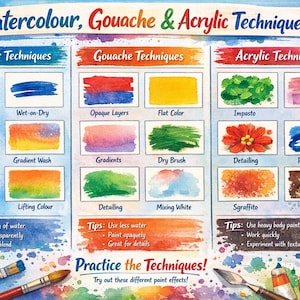 May include: A colorful poster illustrating watercolor, gouache, and acrylic painting techniques. The poster is divided into three sections, each showcasing different methods like wet-on-wet, opaque layers, and impasto. Includes tips for each technique and the text "Practice the Techniques!"