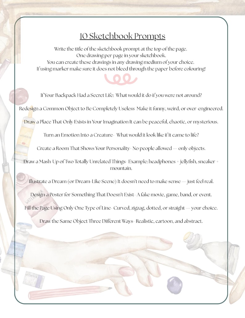 Pu&ograve; includere: Una pagina di sketchbook con dieci spunti per il disegno, tra cui idee come illustrare un sogno, progettare un poster per qualcosa che non esiste e disegnare un mix di cose non correlate. Il testo &egrave; in nero.