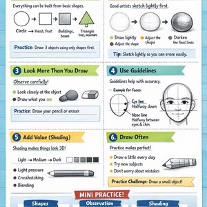 May include: Educational poster with art tips for students. The poster includes instructions on drawing with simple shapes, sketching lightly, and using guidelines. It also covers shading techniques and encourages practice. The poster has the text "DRAW BETTER: EASY ART TIPS FOR STUDENTS".