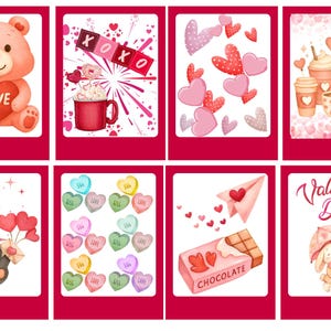 May include: A collection of eight Valentine's Day themed illustrations. The images include a teddy bear holding a heart, a mug with whipped cream, hearts, coffee drinks, a penguin with balloons, candy hearts, a chocolate bar, and a bunny with an umbrella.