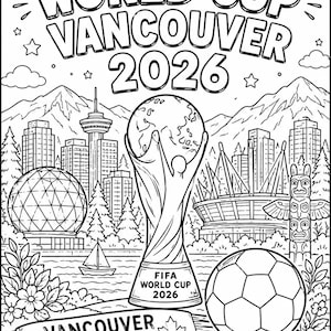 Könnte beinhalten: Schwarz-Weiß-Illustration für die Weltmeisterschaft 2026 in Vancouver, Kanada. Zeigt die Weltpokal-Trophäe, einen Fußball und Wahrzeichen von Vancouver. Enthält den Text "World Cup Vancouver 2026".