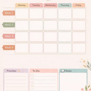May include: A pastel-colored teacher planning sheet with the title "Four-Week Teacher Planning." It includes sections for the month, grade/subject, and focus/goals. The planner has a weekly layout with space for notes, priorities, and to-do lists.