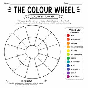 Colour Wheel Worksheet | Colour Theory Activity | Elements of Art | High DPI Printable | Art Class Handout | Painting & Colouring Activity