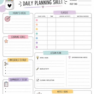 May include: Art teacher daily planning sheet with sections for focus, goals, classes, lesson plans, and reminders. Includes a jar of paintbrushes and the words "Inspire, Create, Encourage."