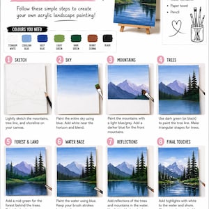 May include: An instructional guide titled Easy Step-by-Step Acrylic Landscape for grades 10-12. It lists required materials, colours, and eight numbered steps with illustrations showing the progression of a mountain landscape painting on canvas.