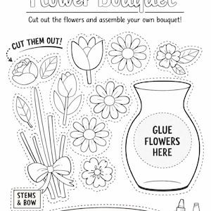 Może przedstawiać: Czarno-biała grafika liniowa aktywności 'Cut & Paste Flower Bouquet'. Zawiera różne kształty kwiatów, łodygi, wazon, klej, nożyczki i tekst, który brzmi 'Wytnij kwiaty i złóż własny bukiet!'