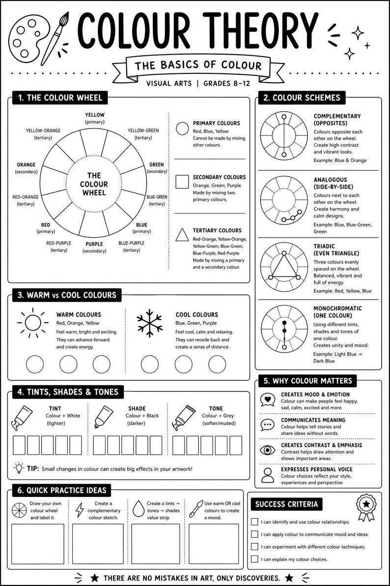 Tints Colour Example Colour Theory and Wheel Worksheet Printable | Elements of Art | Class ...
