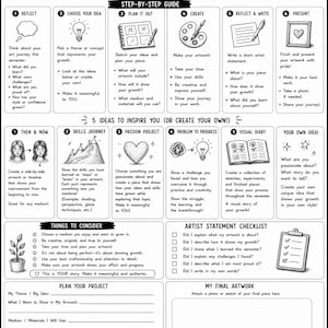 May include: Black and white art study project worksheet titled "MY GROWTH, MY ART." Includes prompts for reflection, idea generation, planning, creation, and presentation. Features a checklist and space for final artwork.