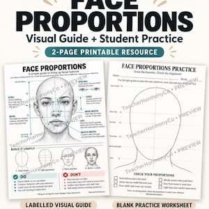 May include: A two-page printable educational resource titled Face Proportions, featuring a labelled visual guide with a detailed facial diagram and a blank practice worksheet with alignment lines for students to draw and check facial features.