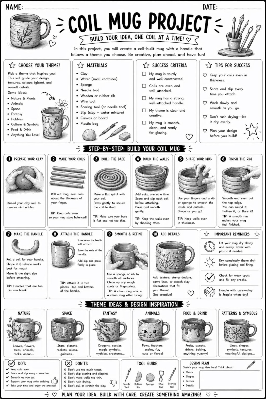 Coil Mug Ceramics Project Worksheet + Rubric | Clay Handbuilding Lesson | Pottery Printable ...