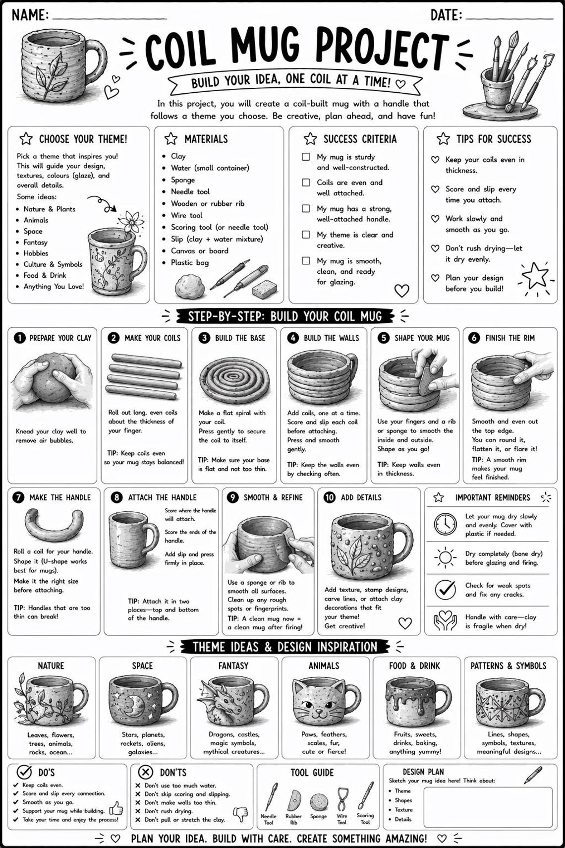 Coil Mug Ceramics Project Worksheet + Rubric | Clay Handbuilding Lesson | Pottery Printable ...