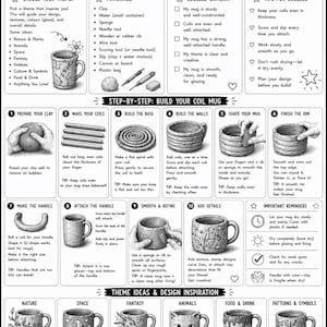 Puede incluir: Un póster instructivo en blanco y negro titulado "Coil Mug Project" con instrucciones paso a paso para crear una taza de cerámica. El póster incluye ideas temáticas, inspiración de diseño y guías de herramientas.