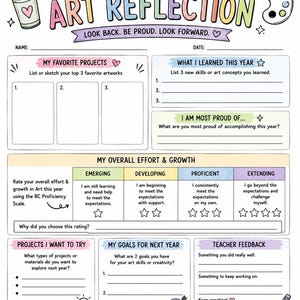 May include: A colorful art reflection worksheet with the text "End of Year Art Reflection." It includes sections for favorite projects, new skills learned, goals, and teacher feedback. The design features art supplies and a palette.