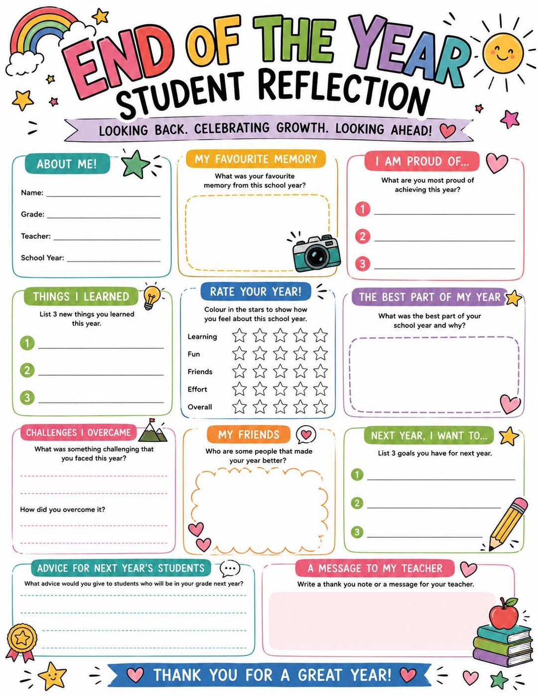 Student Reflection Worksheet | End of Year Activity, Keepsake (PDF ...