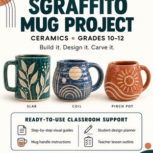 May include: An educational poster titled SGRAFFITO MUG PROJECT CERAMICS GRADES 10-12 featuring three ceramic mugs: a green slab mug with leaf carvings, a blue coil mug with moon designs, and a terracotta pinch pot mug with sun carvings.