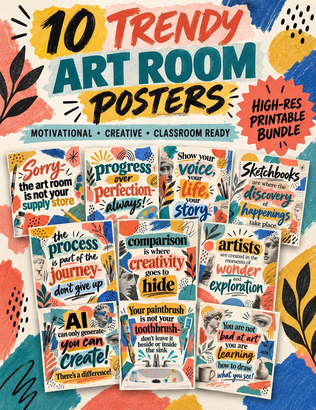 Art Classroom Posters Bundle | 10 Motivational Art Room Prints | High ...