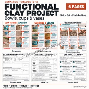May include: A six-page educational document titled Functional Clay Project for grades 10-12. It includes sections on clay texture and glaze play, project inspiration, student instructions, a planning sheet, a rubric, and a teacher guide.