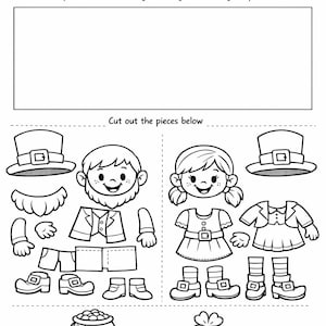 May include: Black and white printable activity sheet with the text "BUILD YOUR OWN LEPRECHAUNS!". Includes outlines of leprechaun clothing and body parts, a pot of gold, and a four-leaf clover. Instructions: Color, cut, glue, and create.