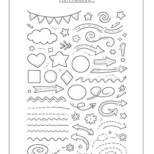 Pu&ograve; includere: Pagina da colorare in bianco e nero con varie forme, frecce, stelle e spirali. Il testo "Fun Colouring..." &egrave; in alto. Ideale per colorare in modo creativo ed esprimersi artisticamente.
