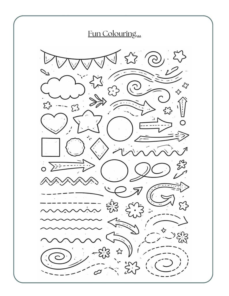 Pu&ograve; includere: Pagina da colorare in bianco e nero con varie forme, frecce, stelle e spirali. Il testo "Fun Colouring..." &egrave; in alto. Ideale per colorare in modo creativo ed esprimersi artisticamente.