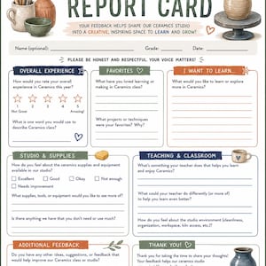 May include: A report card titled "Ceramics Teacher Report Card" with illustrations of pottery tools and finished pieces. The card includes sections for feedback on experience, favorites, and studio supplies, encouraging creative learning.