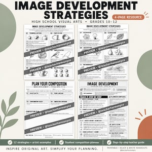 May include: A four-page educational resource titled Image Development Strategies for high school visual arts, grades 10-12. The black and white handouts include diagrams, lesson plans, and a student composition planner with the watermark PREVIEW.
