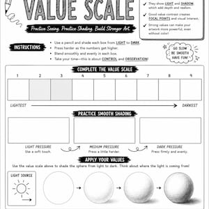 May include: A black and white art worksheet titled WARM-UP: VALUE SCALE. It includes instructions for shading, a nine-box value scale, practice boxes for smooth shading, and a section to apply values to spheres with a light source diagram.