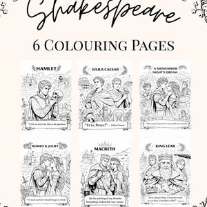 Puede incluir: Un conjunto de seis páginas para colorear con temática de Shakespeare. Cada página presenta una obra diferente: Hamlet, Julio César, El sueño de una noche de verano, Romeo y Julieta, Macbeth y El rey Lear. Ilustraciones en blanco y negro.