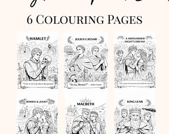 Paquete de páginas para colorear de Shakespeare / Romeo y Julieta, Hamlet, Macbeth, El rey Lear, Julio César / Actividades en inglés