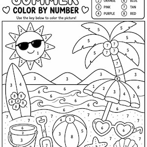 Könnte beinhalten: Schwarz-weiß Sommer-Malen-nach-Zahlen-Aktivitätsseite. Enthält eine Sonne mit Sonnenbrille, ein Surfbrett, eine Palme, einen Strandball, einen Sonnenschirm, eine Sonnenbrille, einen Seestern und eine Muschel. Der Text lautet "SUMMER COLOR BY NUMBER".