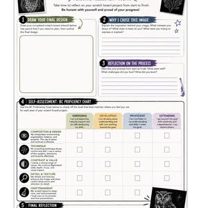 May include: A black and white scratch board project rubric with text and illustrations. The rubric includes sections for design, reflection, and self-assessment. Illustrations of a fox, flower, and owl are included.
