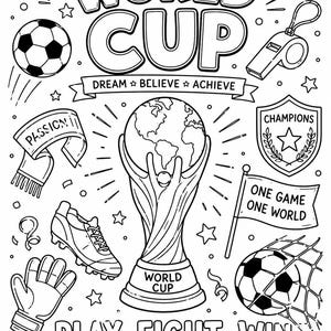 Könnte beinhalten: Schwarz-Weiß-Illustration mit dem Schriftzug "World Cup" und Fußballmotiven. Enthält einen Fußball, eine Trophäe, eine Pfeife und Texte wie "Träumen, Glauben, Erreichen" und "Spielen. Kämpfen. Gewinnen."