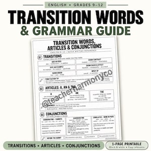 Może przedstawiać: Czarno-biały arkusz edukacyjny zatytułowany Transition Words & Grammar Guide dla klas 9-12. Dokument zawiera zasady dotyczące słów przejściowych, przedimków i spójników z wyraźnymi nagłówkami oraz przykładami.