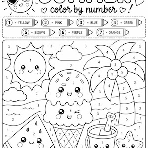 May include: Black and white summer-themed color-by-number activity sheet. Features a smiling sun, ice cream cone, watermelon slice, palm tree, and beach scene. Includes color key with crayons labeled yellow, pink, blue, green, brown, purple, and orange.