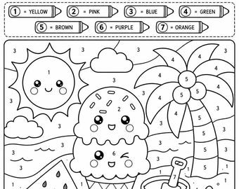 Attività estiva Kawaii da colorare con i numeri / Scheda attività con personaggi da spiaggia (Download immediato)