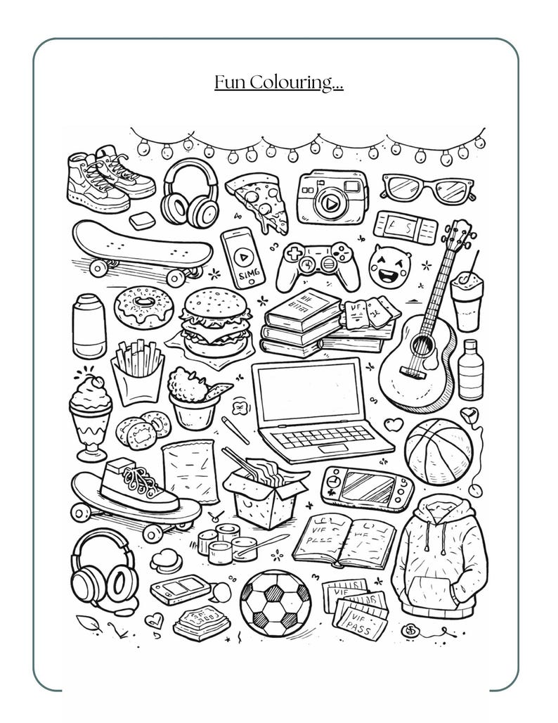 Pu&ograve; includere: Illustrazione in bianco e nero con il testo "Fun Colouring...". L'immagine presenta vari oggetti, tra cui uno skateboard, cuffie, pizza, fotocamera, occhiali da sole, uno smartphone, un controller di gioco, libri, una chitarra e un pallone da basket.