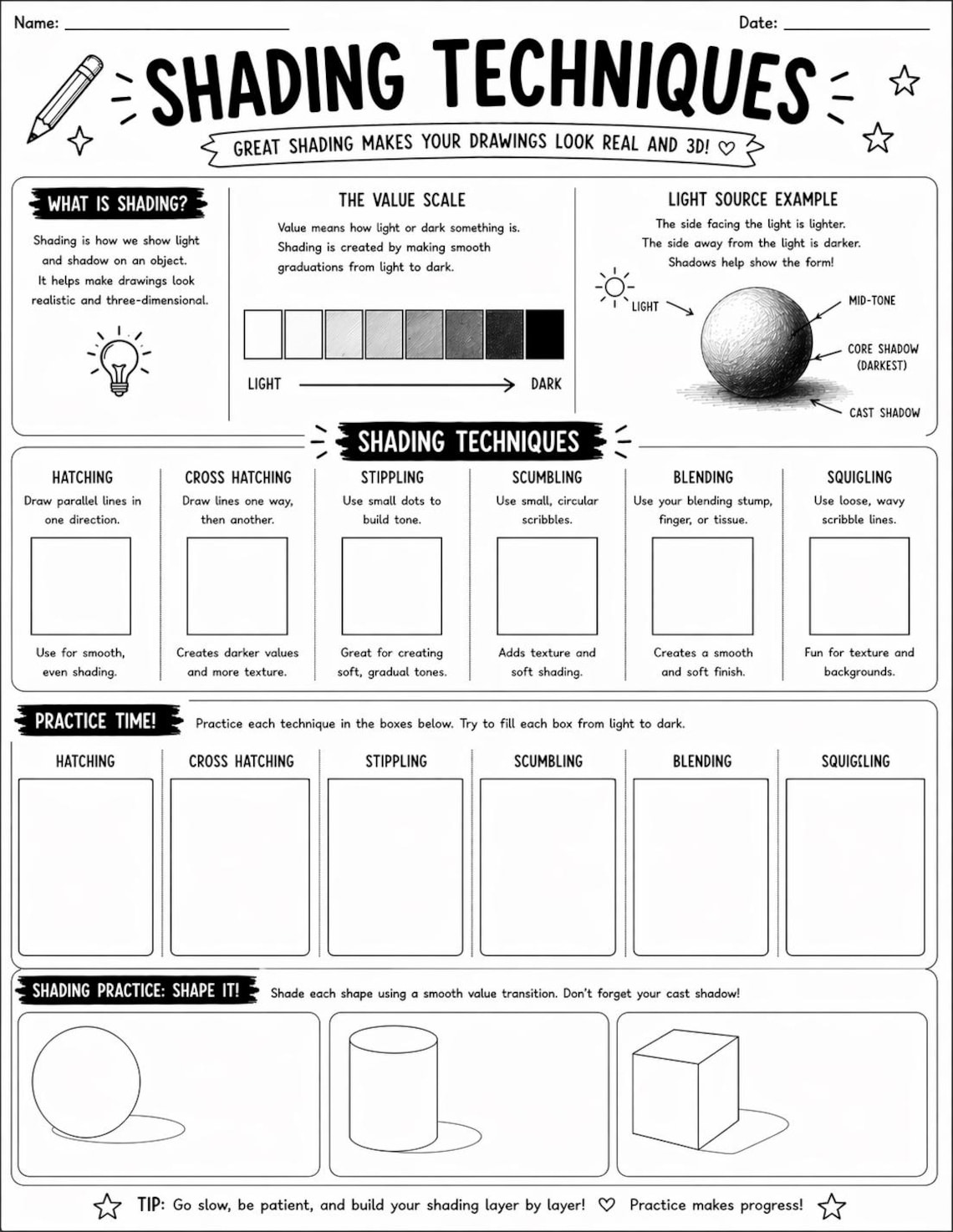 Shading Techniques Worksheet-value Scale Worksheet-visual Arts Handouts ...