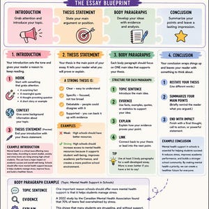 Op de afbeelding: Infographic met de titel 'Hoe schrijf je een geweldige essay', met secties over inleiding, stelling, paragrafen en conclusie. Bevat schrijftips en een checklist voor studenten.