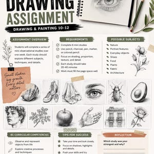 Puede incluir: Una hoja de tareas de dibujo titulada "Mini Study Drawing Assignment" con un dibujo de un ojo, lápices y ejemplos de temas de dibujo. La hoja incluye instrucciones, requisitos y consejos para el éxito. El texto "Focus. Practice. Grow." está en la parte inferior.