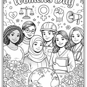 Może przedstawiać: Czarno-biała ilustracja na Międzynarodowy Dzień Kobiet. Obraz przedstawia grupę zróżnicowanych kobiet, symbole równości i elementy kwiatowe. Tekst "International Women's Day" znajduje się na górze.