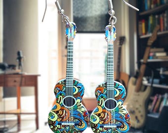 Folk Guitar earrings, Country music earrings, dangle earrings, cute gift, holiday accessories, jewelries, musician jewelry