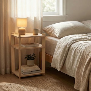 Könnte beinhalten: Ein Nachttisch aus hellem Holz mit drei Regalen. Auf der Oberseite steht eine kleine Lampe mit beigem Schirm, neben einer Tasse. Die Regale beherbergen Bücher und eine Topfpflanze. Der Nachttisch steht neben einem Bett mit beiger Bettwäsche.
