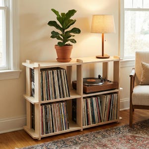 Armário para discos de vinil em madeira compensada de bétula | Console de mídia com 4 cubos, sem necessidade de ferramentas