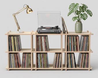 Könnte beinhalten: Ein helles Holzregal gefüllt mit Schallplatten, gekrönt von einem schwarzen Plattenspieler, einer goldenen, verstellbaren Schreibtischlampe und einer grünen Monstera-Pflanze in einem strukturierten Keramiktopf als funktionale Aufbewahrung.
