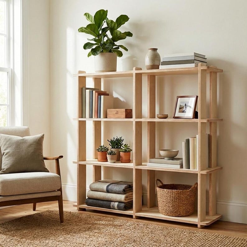 K&ouml;nnte beinhalten: Ein helles Holzregal mit vier Ebenen und vertikalen Trennw&auml;nden, best&uuml;ckt mit verschiedenen Gegenst&auml;nden wie einer Topfpflanze, B&uuml;chern, einem gerahmten Foto, kleinen Schalen, einem geflochtenen Korb und gefalteten Decken in den Regalf&auml;chern.