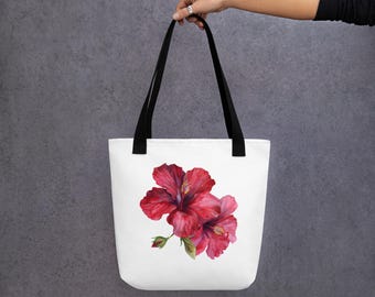 ハワイアンハイビスカスファブリックショルダーバッグ：赤と白の花柄 
