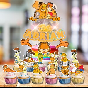 Yellow Cat Cartoon Happy Birthday Personalized custom made Cake topper and Cupcake centerpiece decoration supplies theme Lights Shaker LED